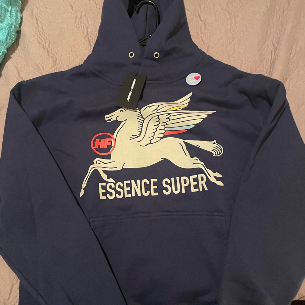 NWT Homme Femme Pegasus “Super Essence” Hoodie Sweatshirt Large in Navy Blue.